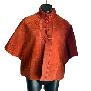 Révue rust orange Suede leather Cape Jacket with Knit Trim & Statement Buttons
